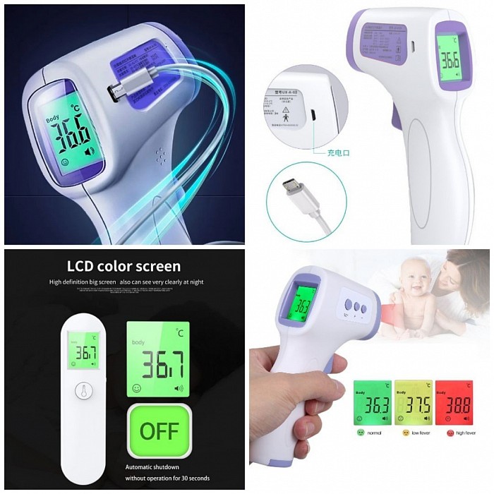 Non-contact infra-red thermometers. Battery powered and USB rechargeable types